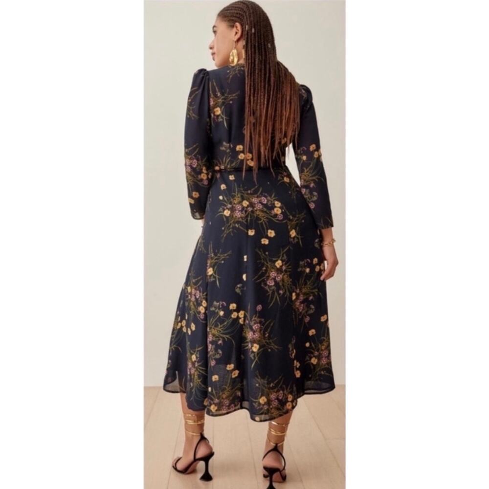 REFORMATION Melba Floral Wrap Midi Dress in Mademoiselle Navy Blue Size Small - Picture 3 of 10